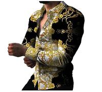 Hombres 3D Camisa con Estampado Barroco Moda Vintage Trending Cadena Patrón Camiseta Retro Slim Fit Camisas de Manga Larga Turn-Down Cuello Blusa