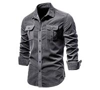 Hombres Camisa de Pana de Manga Larga Chaqueta Abrigo Casual Slim Botón Casual Camisa De Trabajo Tops Camisa Hombre Regular Fit Dos Bolsillos, gris, L