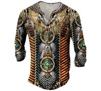 Hombres Camiseta 2026 India Impresión Digital 3D Camisa Casual Camisa de Manga Larga Camiseta para Hombre Color Sólido Cuello Redondo Moda Manga Larga, café, XXL