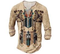 Hombres Camiseta 2026 India Impresión Digital 3D Camisa Casual Camisa de Manga Larga Camiseta para Hombre Color Sólido Cuello Redondo Moda Manga Larga, caqui, XL