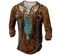 Hombres Camiseta 2026 India Impresión Digital 3D Camisa Casual Camisa de Manga Larga Camiseta para Hombre Color Sólido Cuello Redondo Moda Manga Larga, marrón, XS