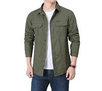 Hombres Chaqueta Estilo Militar Camisa de Combate de Algodón Ligero Chaquetas Bomber Camisa Cargo de Manga Larga Delgada Y Elegante, Trabajo, Ocio Y Vida Diaria,Verde Militar,XL