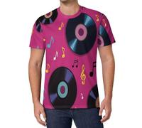 Hombres Creativo 3D Impreso Camiseta Moda Casual Discos De Vinilo Notas Musicales Mangas Cortas Camisetas Verano Vintage Música Retro Streetwear Tops,Rosa