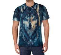 Hombres Creativo 3D Impreso Camiseta Moda Casual Lobo De Ojos Azules Resplandecientes Mangas Cortas Camisetas Verano Vintage Estilo Misterioso Streetwear Tops,Azul