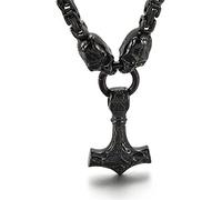 Hombres de Acero de Titanio Personalizado Creativo Thor Hammer Collar, Nordic Pagan Vintage Mjolnir Totem Amuleto Colgante con Cadena King Skull(Black)