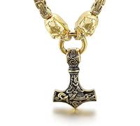 Hombres de Acero de Titanio Personalizado Creativo Thor Hammer Collar, Nordic Pagan Vintage Mjolnir Totem Amuleto Colgante con Cadena King Skull(Gold)