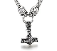 Hombres de Acero de Titanio Personalizado Creativo Thor Hammer Collar, Nordic Pagan Vintage Mjolnir Totem Amuleto Colgante con Cadena King Skull(Silver)