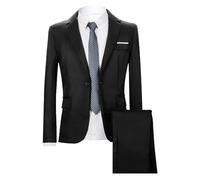 Hombres de dos piezas traje pantalones conjunto una hebilla boda bola conjunto color sólido Slim Fit Smoking negocios, Negro , L