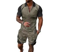 Hombres Dos Piezas Traje de Deporte Medio Collar con Cremallera Polo Top con Panel de Empalme de Camuflaje y Pantalones Cortos de Coincidencia Vestido de Verano Transpirable
