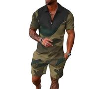 Hombres Dos Piezas Traje de Deporte Medio Collar con Cremallera Polo Top con Panel de Empalme de Camuflaje y Pantalones Cortos de Coincidencia Vestido de Verano Transpirable
