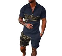 Hombres Dos Piezas Traje de Deporte Medio Collar con Cremallera Polo Top con Panel de Empalme de Camuflaje y Pantalones Cortos de Coincidencia Vestido de Verano Transpirable