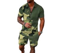 Hombres Dos Piezas Traje de Deporte Medio Collar con Cremallera Polo Top con Panel de Empalme de Camuflaje y Pantalones Cortos de Coincidencia Vestido de Verano Transpirable