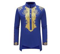 Hombres Manga Larga Retro Larga Musulmana Casual Moda Estampado en Caliente Hombres Algodón Kurta Casual Camisa Larga Vestido Fiesta Arte Seda Bordada Camisa Larga Vestido Indio, Azul H, 3XL