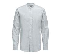 Hombres O&S Camisa de Lino Ligero Manga Larga Ajustada Blusa Básica Unicolor ONSCAIDEN, Color:Azul-3, Talla:L