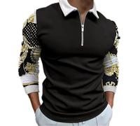 Hombres Retro Barroco Impreso Sudadera de Manga Larga Casual de Media Cremallera Polo Moda Vintage Distressed Street Top