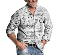 Hombres Retro Camisa Botón de la Solapa de Manga Larga Blusa Moda Vintage Música Notas Patrón Camisas Casual al Aire Libre Top Ropa