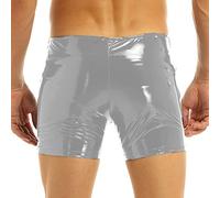 Hombres Sexy Brillante PVC Pantalones Cortos de Cuero para Sexo Erótico Sexy Inferior Fetiche Wetlook Látex Mini Pantalón Caliente Cremallera Cuero Pantalones Calientes Sissy,Silver,XXL
