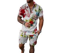 Hombres Verano 2 Pieza Conjunto Cuarto Cremallera de Manga Corta Camisa de Polo Grande Vintage Rosa Floral Todo sobre impresión Tejido texturado y Pantalones Cortos coincidentes Ligero Traje