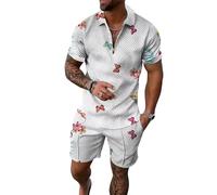 Hombres Verano 2 Pieza Conjunto Cuarto Cremallera de Manga Corta Camisa de Polo Grande Vintage Rosa Floral Todo sobre impresión Tejido texturado y Pantalones Cortos coincidentes Ligero Traje