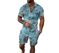 Hombres Verano 2 Pieza Conjunto Cuarto Cremallera de Manga Corta Camisa de Polo Grande Vintage Rosa Floral Todo sobre impresión Tejido texturado y Pantalones Cortos coincidentes Ligero Traje