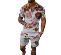 Hombres Verano 2 Pieza Conjunto Cuarto Cremallera de Manga Corta Camisa de Polo Grande Vintage Rosa Floral Todo sobre impresión Tejido texturado y Pantalones Cortos coincidentes Ligero Traje