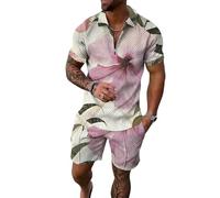 Hombres Verano 2 Pieza Conjunto Cuarto Cremallera de Manga Corta Camisa de Polo Grande Vintage Rosa Floral Todo sobre impresión Tejido texturado y Pantalones Cortos coincidentes Ligero Traje