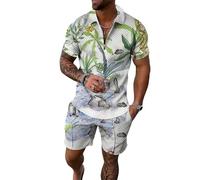 Hombres Verano 2 Pieza Conjunto Cuarto Cremallera de Manga Corta Camisa de Polo Grande Vintage Rosa Floral Todo sobre impresión Tejido texturado y Pantalones Cortos coincidentes Ligero Traje
