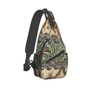 Hombres y mujeres Rústico Marrón Teal Western Country Tooled Leather Sling Shoulder Backpack Mochila de viaje Camping Outdoor Bag Multiusos Anti Theft Messenger Bag Durable Shoulder Chest Crossbody