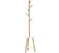 HOMCOM 2 en 1 Perchero de Pie de Bambú Perchero Árbol de Pasillo con 2 Estantes 5 Ganchos para Ropas Bolsas y Marco de Aluminio para Entrada Dormitorio 39,5x39,5x171 cm Natural