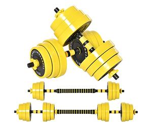 HOMCOM 25 kg mancuernas y pesas,Juego de mancuernas ergonómicas ajustables 3 en 1,12 × placas,2 × palos cortos,1 × palo largo,amarillo+negro