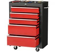 HOMCOM 5 Cajones Armario Herramientas Acero Bloqueable con Ruedas Rojo | Asa, 2 llaves, caja organizadora, garaje taller carro de bricolaje