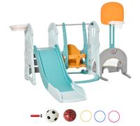HOMCOM 5 en 1 Tobogán y Columpio para Niños +18 Meses con 2 Canastas de Baloncesto Portería Fútbol con Asiento Ajustable Parque Infantil