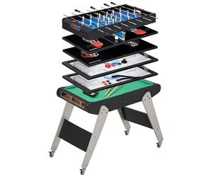 HOMCOM 6 en 1 Mesa Multijuegos para Niños de 7+ Años con Ruedas Mesa de Billar Ping Pong Futbolín Aro de Lanzamiento Hockey sobre Hielo Aire Hockey para Hogar Familia 120x88x79 cm Negro y Gris