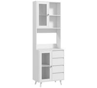 HOMCOM Alacena de Cocina 2 Puertas de Vidrio 4 Cajones 60x35x180 cm Blanco | Armario de Cocina, Buffet Aparador, Compartimentos Abiertos, Estantes Ajustables