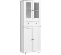 HOMCOM Alacena de Cocina Despensa Armario de Cocina con 2 Puertas de Vidrio Templado Cajón y Estantes Ajustables Aparador para Comedor 61x35x168,5 cm Blanco