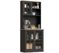HOMCOM Alacena de Cocina Alta 183 cm con 3 Puertas de Vidrio Negro | Mueble Auxiliar de Cocina, Armario Despensa, Encimera Abierta para Microondas, Estantes Ajustables, Compartimentos Abiertos
