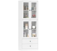 HOMCOM Alacena de Cocina Alta, Mueble Auxiliar de Cocina, con 4 Puertas de Vidrio, 2 Cajones, Estantes Ajustables, 59x30x170 cm, Blanco