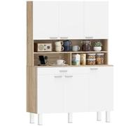 HOMCOM Alacena de Cocina Alta con 6 Puertas 120x40x175 cm Blanco y Natural | Mueble Auxiliar de Cocina, Gran Cajón, Estantes, Encimera Amplia para Microondas, para Comedor, Salón