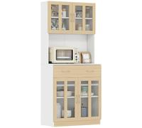 HOMCOM Alacena de Cocina Alta con Cajón 80x40x180 cm Blanco y Natural | Mueble Auxiliar de Cocina, 4 Puertas de Vidrio, Encimera Abierta para Microondas, Estantes Ajustables