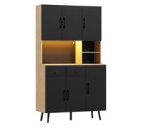 Homcom alacena de cocina alta con luces led rgb controlable por app mueble auxiliar de cocina con 6 puertas 2 cajones encimera estantes ajustables y orificio para cables negro y roble 100x40x176 cm
