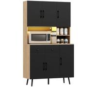 HOMCOM Alacena de Cocina Alta con Luces LED RGB Mueble Auxiliar de Cocina con 6 Puertas 2 Cajones Encimera y Orificio para Cables Estilo Moderno Negro y Roble 100x40x176 cm