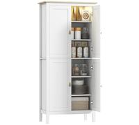 HOMCOM Alacena de Cocina Alta con Luz LED Sensor de Movimiento, Mueble Auxiliar de Cocina con Iluminación Regulable en 3 Colores, 4 Puertas y Estantes Ajustables, Blanco