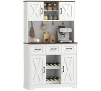 HOMCOM Alacena de Cocina Alta, Mueble Auxiliar de Cocina, Botellero para 8 Botellas, 4 Puertas, 3 Cajones, Estantes Abiertos, Encimera Amplio, 4 Ganchos, Orificio para Cables, Blanco, 100x38x172 cm