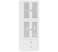 HOMCOM Alacena de Cocina Alta, Mueble Auxiliar de Cocina, con 4 Puertas de Vidrio, 2 Cajones, Estantes Ajustables, 59x30x170 cm, Blanco