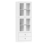 HOMCOM Alacena de Cocina Alta, Mueble Auxiliar de Cocina, con 4 Puertas de Vidrio, 2 Cajones, Estantes Ajustables, 59x30x170 cm, Blanco