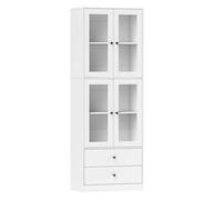 HOMCOM Alacena de Cocina Alta, Mueble Auxiliar de Cocina, con 4 Puertas de Vidrio, 2 Cajones, Estantes Ajustables, 59x30x170 cm, Blanco