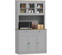 HOMCOM Alacena de Cocina 3 Puertas de Vidrio 2 Cajones 100x40x180 cm Gris | Mueble Auxiliar de Cocina, Encimera Abierta para Microondas, Estantes Ajustables, Alacena Alta Comedor