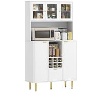 HOMCOM Alacena de Cocina Mueble Auxiliar de Cocina Aparador Alto con 3 Puertas de Vidrio Botellero Cajón Estantes Ajustables y Compartimentos Abiertos 100x40x180 cm Blanco