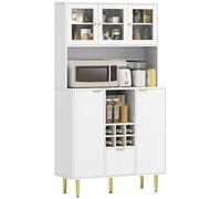 HOMCOM Alacena de Cocina Alto 3 Puertas de Vidrio 100x40x180 cm Blanco | Mueble Auxiliar de Cocina, Aparador, Botellero, Cajón, Estantes Ajustables, Compartimentos Abiertos