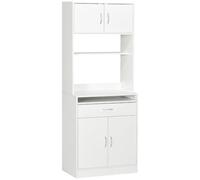 HOMCOM Alacena de Cocina Aparador Auxiliar 4 Puertas 70x40x180 cm Blanco | Bandeja Extraíble, Estante Ajustable, Cajón, Encimera de Microondas Abierta